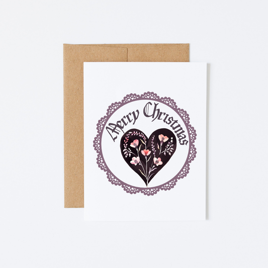 20 Merry Christmas Purple Floral Heart Cards