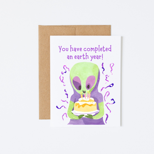 “You have completed an Earth year!” Alien Birthday Cake Card