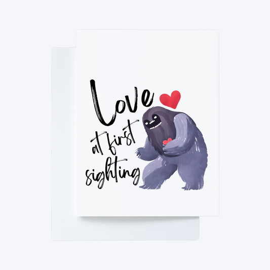 Love at first sighting Bigfoot Valentine’s Day Folding Greeting Card - Blank inside - Sasquatch love card - funny love card with bigfoot