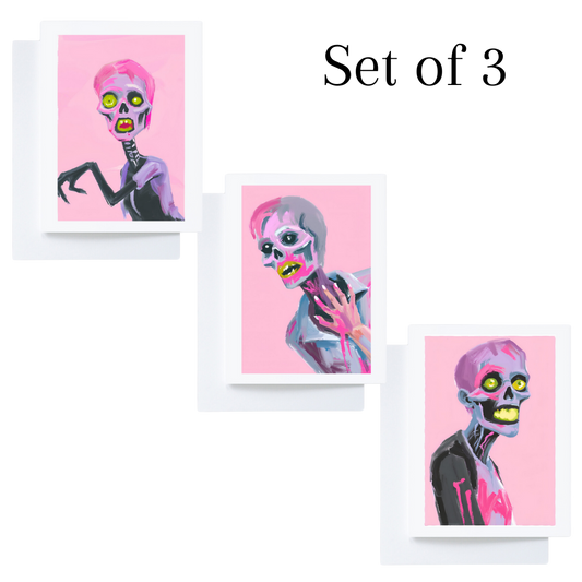 Set of 3 Bright Pink Zombie Greeting Cards